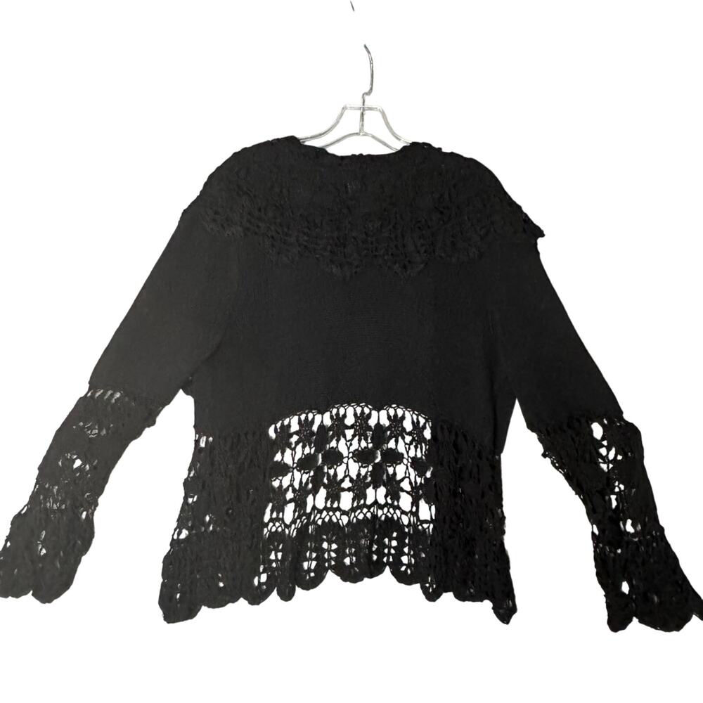 Nine West Lacy Knit Open Front Cardigan Women L Ramie Cotton Linen Blend Black - Picture 5 of 8
